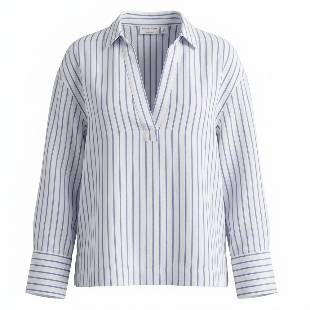 Martha‎ Stewart Collection Top Womens L Striped 100% Linen V-Neck Minimalist